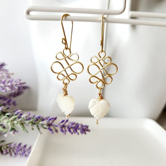 White Shell Heart Leaf Earrings / Gold Wire-Wrapped Dangle Earrings / Handmade - Picture 7 of 9